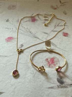 Real Simple Style Talia Necklace and Cuff Bracelet Set in Gold w/ Pink & Clear